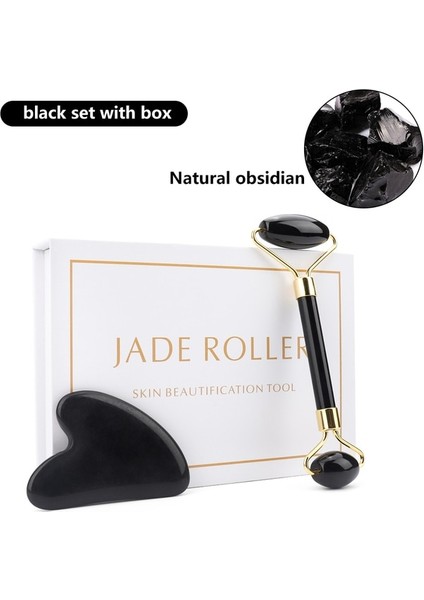 Siyah Kutu ile Set Doğal Gül Kuvars Yeşim Rulo Gua Sha Seti Yüz Vücut Masajı Rulo Yeşim Taş Masaj Seti Yüz Kaldırma Güzellik Masaj Aletleri (Yurt Dışından)