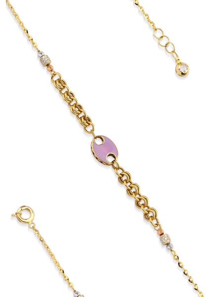 14 Ayar Altın Pembe Obje Detaylı Doch Zincir Bileklik