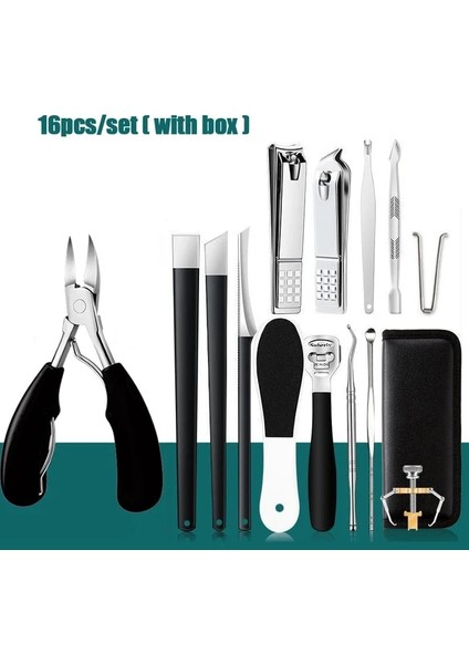 16 Adet-Siyah Pedikür Seti Ayak Tırnak Makası Batık Ayak Tırnaklarını Pense Kesiciler Ölü Cilt Kir Sökücü Paslanmaz Çelik Manikür Kesiciler Aletler (Yurt Dışından)