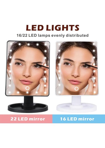 USB 22 LED Siyah 22/16 LED Makyaj Aynası Işık Masaüstü Makyaj Aynası Dokunmatik Anahtarı 10X Büyütülmesi Küçük Aynalar 180 Rotasyon Banyo Seyahat (Yurt Dışından)