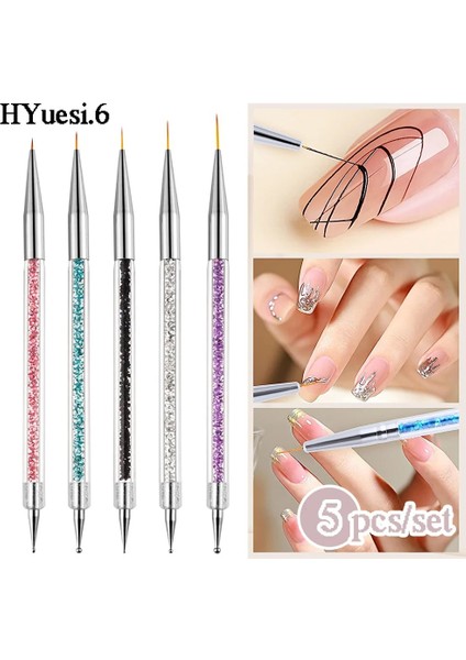 E 5 Adet/takım 2 In 1 Çift Uçlu Nail Art Liner Fırçalar Kristal Saplı Profesyonel Uv Jel Süsleyen Boyama Çizim Kalemi Dıy Araçları (Yurt Dışından)