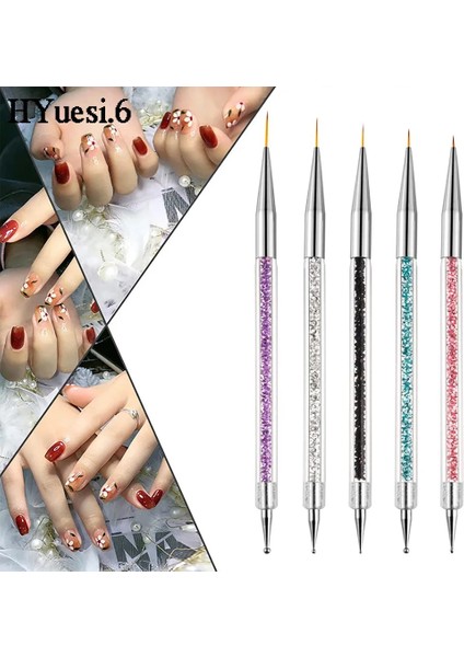 E 5 Adet/takım 2 In 1 Çift Uçlu Nail Art Liner Fırçalar Kristal Saplı Profesyonel Uv Jel Süsleyen Boyama Çizim Kalemi Dıy Araçları (Yurt Dışından)