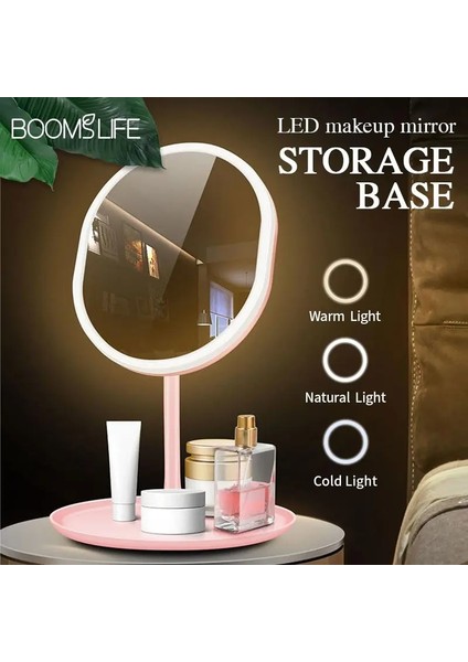 Pembe C LED Makyaj Aynası Işıklı Yüz Aynası Depolama Masaüstü Dönen Işık Makyaj Aynası Ayarlanabilir Dimmer USB Kozmetik Ayna (Yurt Dışından)