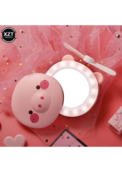 D El Taşınabilir USB Şarj Işıklı Makyaj Masası Aynası Fan ile Yaratıcı Piggy Güzellik Makyaj Aynası (Yurt Dışından)