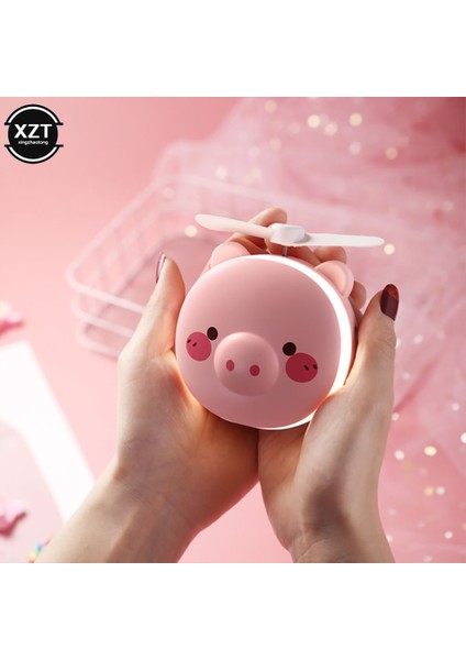 D El Taşınabilir USB Şarj Işıklı Makyaj Masası Aynası Fan ile Yaratıcı Piggy Güzellik Makyaj Aynası (Yurt Dışından)