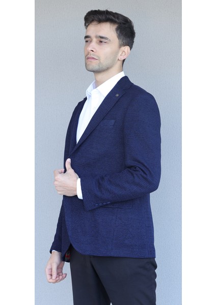 Vad Lacivert Petek Dokulu Erkek Blazer Spor Ceket