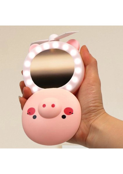 3in1 Karikatür Piggy Mini Kozmetik Ayna Soğutma Fanı Işık El USB Şarj Edilebilir (Yurt Dışından)