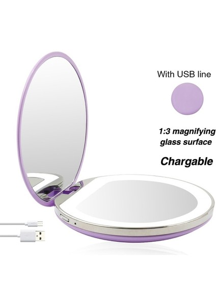 Mor Hiçbir Kutu 3x Büyüteç Küçük Işıklı Makyaj Aynası Işık Mini Yuvarlak Taşınabilir LED Makyaj Aynası Algılama USB Ücretli Makyaj Aynası (Yurt Dışından)