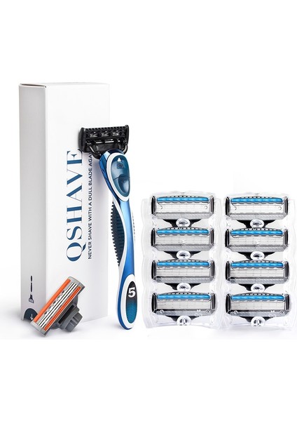 Qshave Mavi Erkek Tıraş Bıçağı, 1 Saplı ve 10 Kartuş (1 Adet X3 Bıçak, 9 Adet X5 Bıçak) (Yurt Dışından)