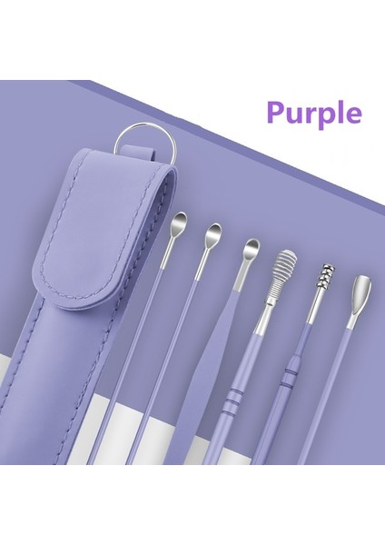 Mor 6 Adet/takım Pu Deri Kılıf Earpick Çubukları Kulak Kiri Sökücü Kulak Seçici Temizleme Temizleyici Kaşık Küret Kulak Koruyucu Balmumu Temizleme Aracı (Yurt Dışından) fiyatları