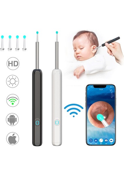 Beyaz Kablosuz Wifi Ne3 Kulak Temizleyici Yüksek Hassasiyetli Kulak Kiri Temizleme Aracı Kamera ile LED Işık Kulak Kiri Sökücü Bakım Kulak Temizleme Kiti (Yurt Dışından)