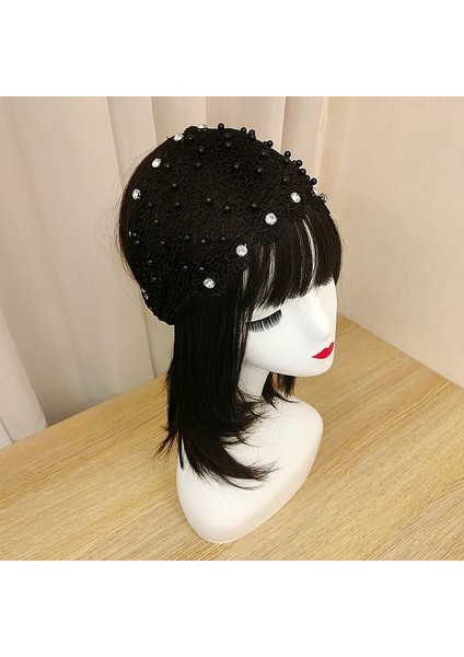 B-Lacivert Moda Kadın Geniş Bantlar Işlemeli Çiçek Kar Ipliği Inci Geniş Türban Dantel Elastik Saç Bandı Şapkalar Aksesuarı (Yurt Dışından) modelleri