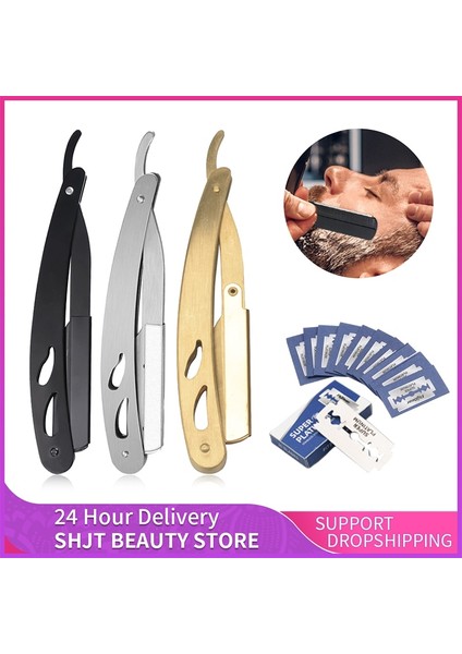 Altın Jilet Erkekler Tıraş Berber Aletleri Saç Jilet ve 10 Bıçak Antik Siyah Katlanır Tıraş Bıçağı Paslanmaz Çelik Epilasyon Jilet Kırpma (Yurt Dışından)