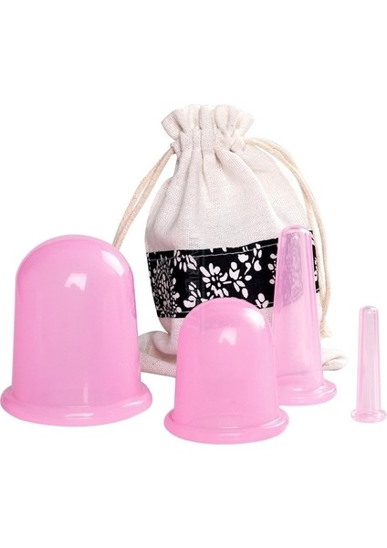 Pembe 4 Adet Silikon Yüz Masaj Çukurluğu Seti Vakum Vücut Masaj Bardak Selülit Terapi Yüz Vantuz Seti Vücut Yardımcısı Hediye Çantası (Yurt Dışından)