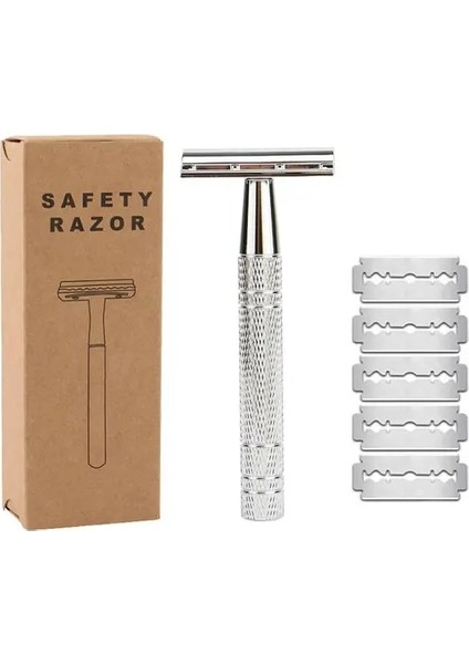 Gümüş Bir Taşınabilir Jilet Klasik Çift Kenarlı Emniyetli Jilet Erkekler Için Tıraş ve Kadın Epilasyon 5 Tıraş Bıçakları Manuel Tıraş Makinesi (Yurt Dışından)