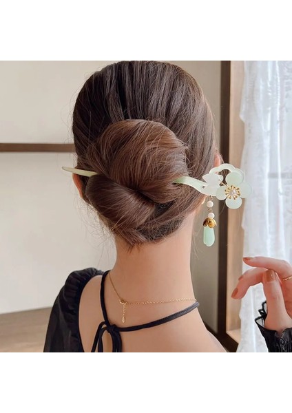 Yeşil Çin Hanfu Tokalar Asetat Çiçek Saç Tokası Kız Headdress Retro Inci Saç Tokası Kadın Zarif Püskül Saç Çatal Basit (Yurt Dışından) modelleri