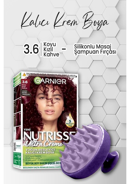 Garnier Nutrisse Kalıcı Krem Saç Boyası 3.6 Koyu Kızıl Kahve ve Şampuan Fırçası Mor