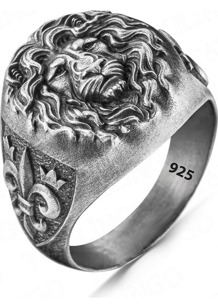 925 Ayar Gümüş 3D Aslan Motifli Eskitme Model Usta Işi Erkek Yüzük fiyatları