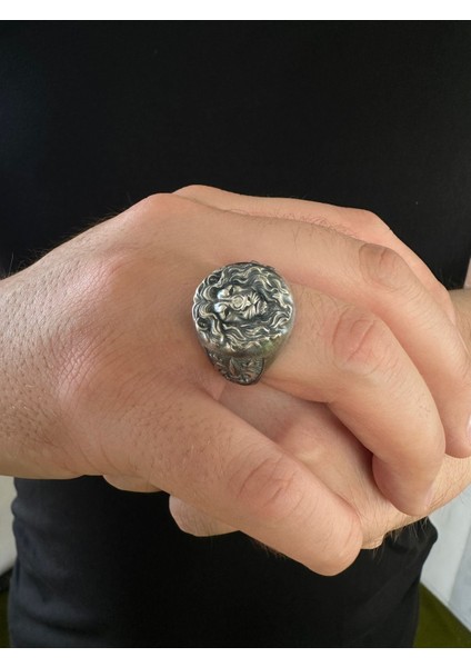 925 Ayar Gümüş 3D Aslan Motifli Eskitme Model Usta Işi Erkek Yüzük modelleri