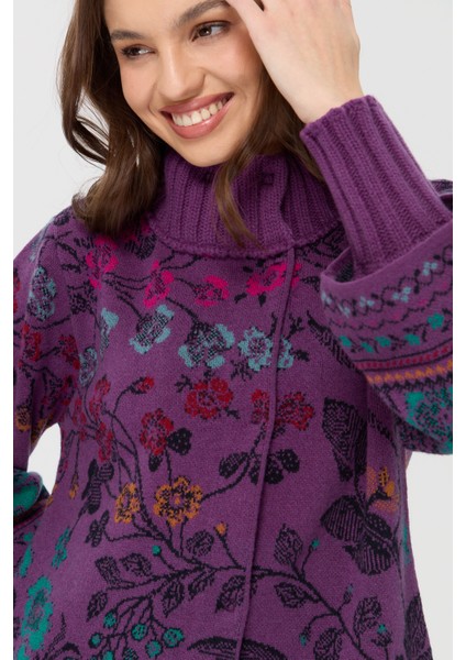 Kadın Dik Yaka Sarmaşık Çiçekli Yün Kaban A.mor