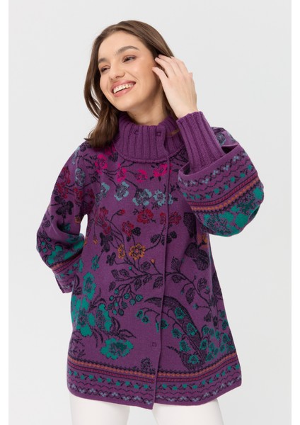 Kadın Dik Yaka Sarmaşık Çiçekli Yün Kaban A.mor fırsatları