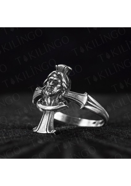 925 Ayar Gümüş Hz. Isa Motifli Hac Desenli Eskitme Model Usta Işi Erkek Yüzük