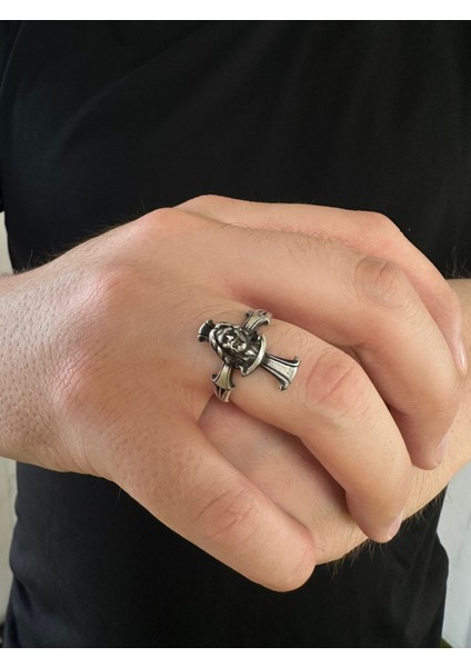 925 Ayar Gümüş Hz. Isa Motifli Hac Desenli Eskitme Model Usta Işi Erkek Yüzük modelleri