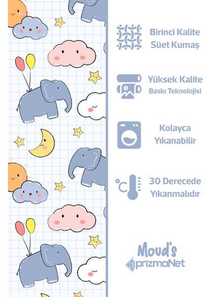Minik Fil Desenli Baskılı Çocuk ve Bebek Odası Fon Perde 2 Kanat - Prd-16