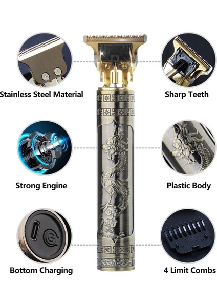 Metal Ejderha LCD Saç Kesme Makinesi T9 Vintage Saç Düzeltici Erkekler Için Berber Makası Profesyonel USB Şarj Edilebilir Elektrikli Sakal Tıraş Makinesi 0.1mm (Yurt Dışından)