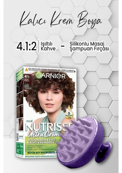 Garnier Nutrisse Kalıcı Krem Saç Boyası 4 1:2 Işıltılı Kahve ve Şampuan Fırçası Mor
