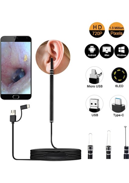 Tip 1 Siyah Hd Görsel Kulak Endoskop 3 In 1 USB Otoskop Kulak Kiri Temizleme Muayene Mini Kamera Earpick Bakım Aracı Android Telefon Pc Için (Yurt Dışından)