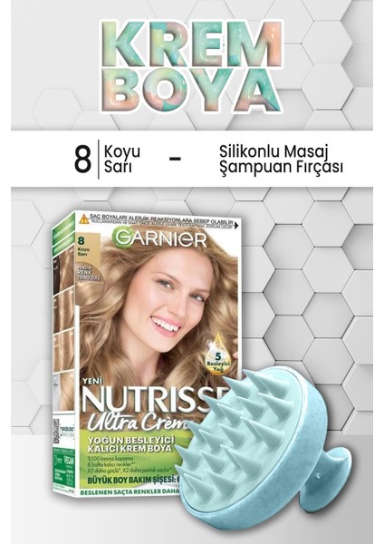 Garnier Nutrisse Besleyici Kalıcı Krem Saç Boyası 8 Koyu Sarı ve Şampuan Fırçası Mavi