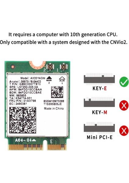 Wi-Fi 6 AX201 M.2 Anahtar E Cnvio 2 Wifi Kartı Çift Bantlı 3000MBPS Kablosuz Için Bluetooth 5.0 2.4ghz/5ghz AX201NGW, Yalnızca Kart (Yurt Dışından)