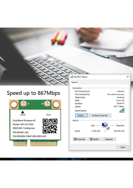 1200 Mbps Kablosuz -AC7265 Çift Bant Mini Pcı-E Wifi Kartı Bluetooth 4.2 802.11AC Çift Bant 2.4g 5 Ghz Dizüstü Bilgisayar Için Adaptör (Yurt Dışından)