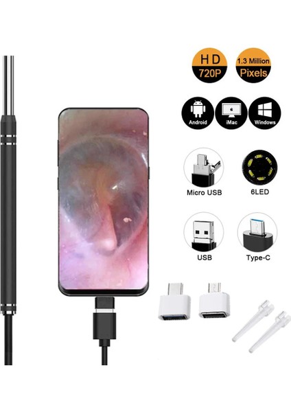 Tip 3 Siyah 5 mm Hd Görsel Kulak Endoskop 3 In 1 USB Otoskop Kulak Kiri Temizleme Muayene Kamera Araçları Android Telefon Pc Için (Yurt Dışından)