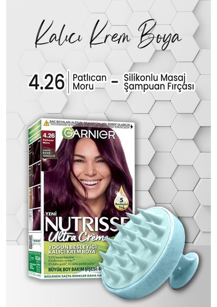 Garnier Nutrisse Besleyici Kalıcı Krem Saç Boyası 4.26 Patlıcan Moru ve Şampuan Fırçası Mavi