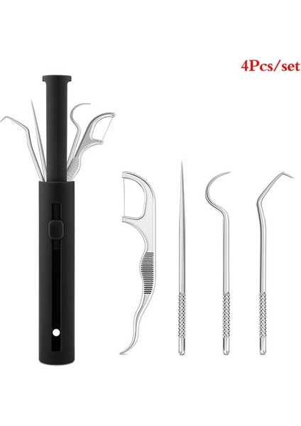 Siyah 4 Adet 1 Takım Kürdan Seti Metal Paslanmaz Çelik Ağız Temizleme Diş Diş Ipi Taşınabilir Kürdan Ipi Diş Temizleyici Depolama Tüpü ile (Yurt Dışından)