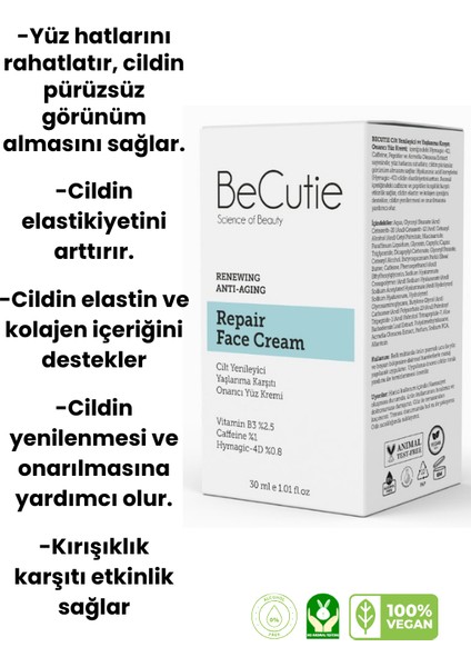 Cilt Yenileyici + Yaşlanma Karşıtı Onarıcı Yüz Kremi 30 ml