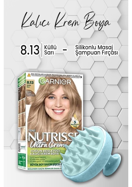 Nutrisse Besleyici Kalıcı Krem Saç Boyası 8.13 Küllü Sarı ve Şampuan Fırçası Mavi