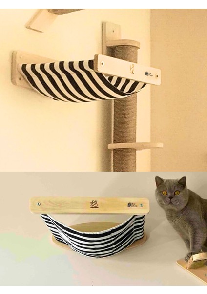 Kedi Yuvası, Kedi duvar yatağı, Kedi Yatağı, Kedi hamağı, Ahşap Modern Set, BuShop Black Zebra Serisi