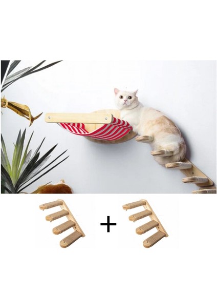 Kedi Yatağı, Kedi Yuvası, ve Kedi duvar yatağı, Kedi merdiveni, 2 adet Sağ Tip Kedi Tırmanma Merdiveni, 3lü Ahşap Set, BuShop Red Zebra Serisi