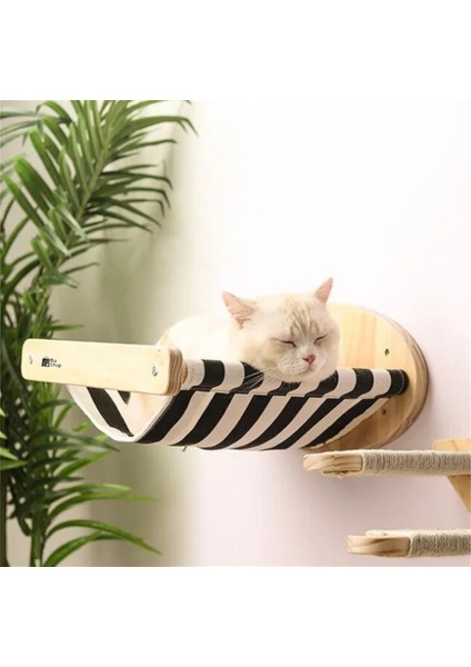 Kedi Yatağı, Kedi Yuvası, ve Kedi duvar yatağı, Kedi hamağı, + Sağ Tip Kedi Tırmanma Merdiveni, 2li Ahşap Modern Set, BuShop Black Zebra Serisi