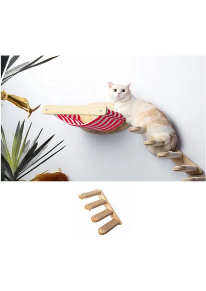 Kedi Yatağı, Kedi Yuvası, ve Kedi duvar yatağı, Kedi hamağı, + Sağ Tip Kedi Tırmanma Merdiveni, 2li Ahşap Modern Set, BuShop Zebra Serisi