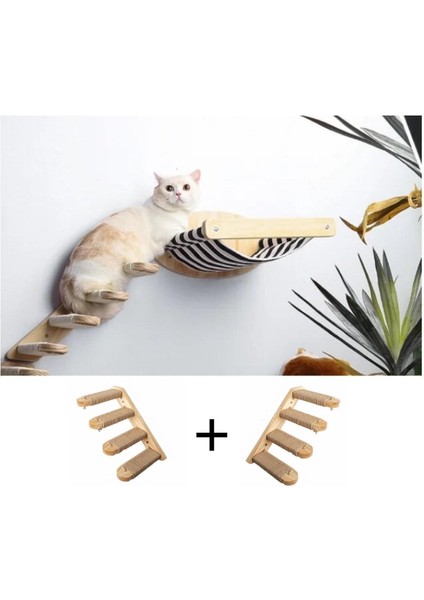 Kedi Yatağı, Kedi Yuvası, ve Kedi duvar yatağı, Kedi merdiveni, Sağ ve Sol Tip Kedi Tırmanma Merdiveni, 3lü Ahşap Set, BuShop Black Zebra Serisi