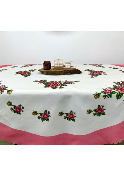 Kanaviçe Yuvarlak Masa Örtüsü-Pembe