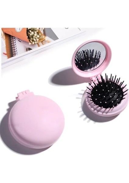 Pembe Mini Cep Aynası Katlanır Tarak Kız Kadın Taşınabilir Yuvarlak Cep Ayna ile Küçük Seyahat Masaj Saç Fırçası Şekillendirici Aksesuarları (Yurt Dışından)