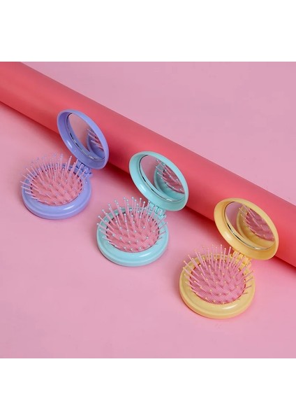 Pembe Mini Cep Aynası Katlanır Tarak Kız Kadın Taşınabilir Yuvarlak Cep Ayna ile Küçük Seyahat Masaj Saç Fırçası Şekillendirici Aksesuarları (Yurt Dışından)