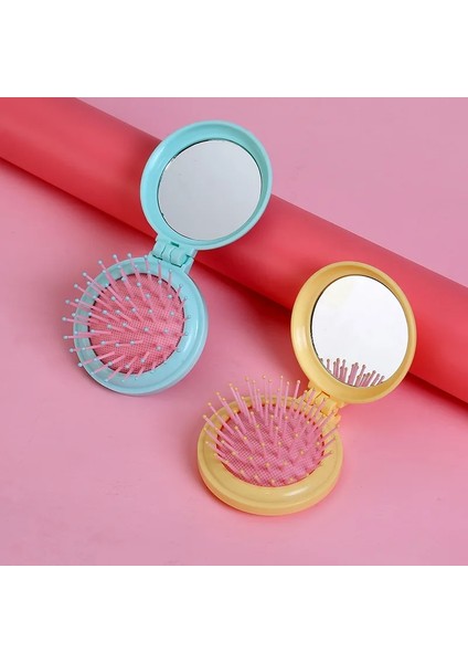 Pembe Mini Cep Aynası Katlanır Tarak Kız Kadın Taşınabilir Yuvarlak Cep Ayna ile Küçük Seyahat Masaj Saç Fırçası Şekillendirici Aksesuarları (Yurt Dışından)