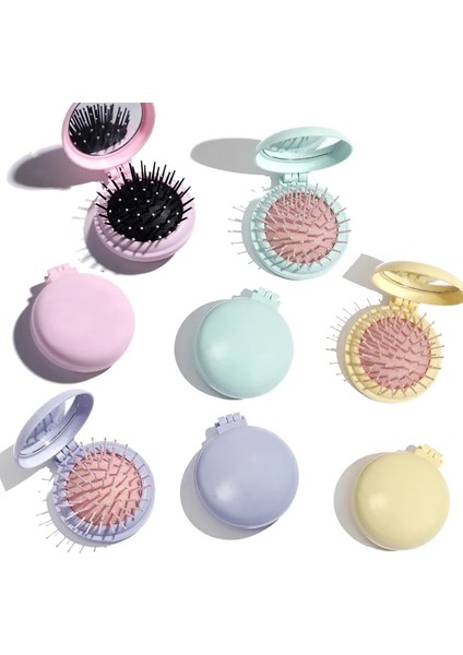 Pembe Mini Cep Aynası Katlanır Tarak Kız Kadın Taşınabilir Yuvarlak Cep Ayna ile Küçük Seyahat Masaj Saç Fırçası Şekillendirici Aksesuarları (Yurt Dışından)