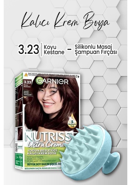 Garnier Nutrisse Besleyici Kalıcı Krem Saç Boyası 3.23 Koyu Kestane ve Şampuan Fırçası Mavi